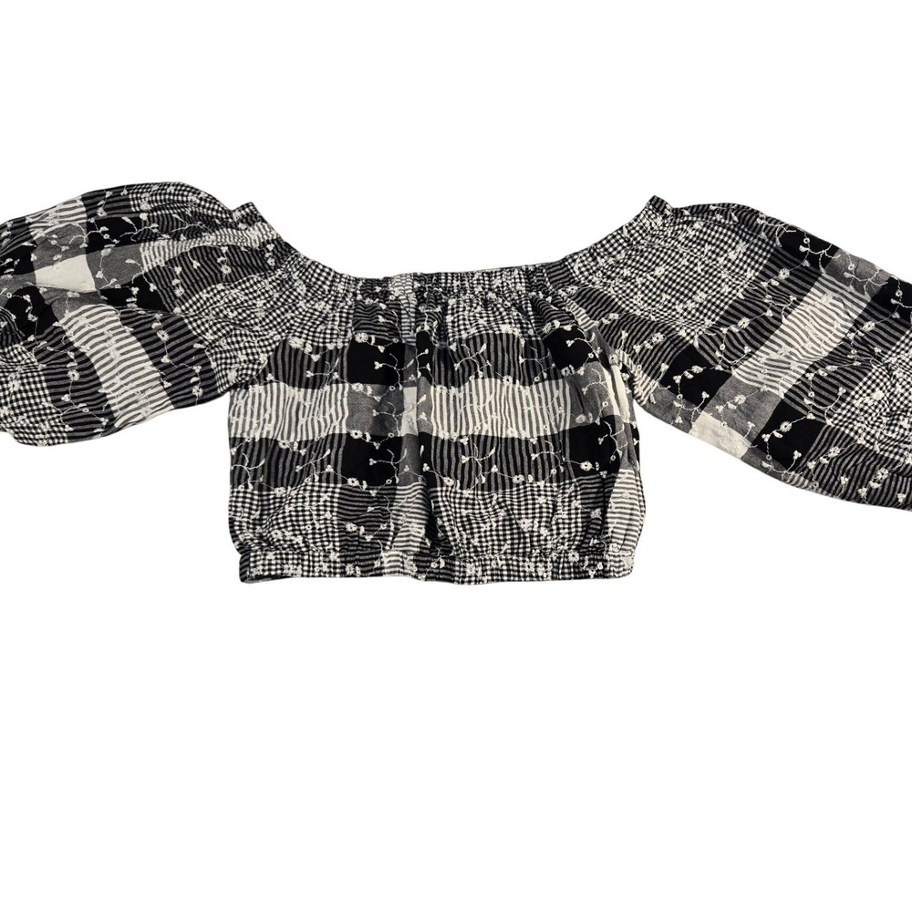 Forever 21 Womens Gingham Plaid Off Shoulder Crop Top Floral‎ Embroidery Small